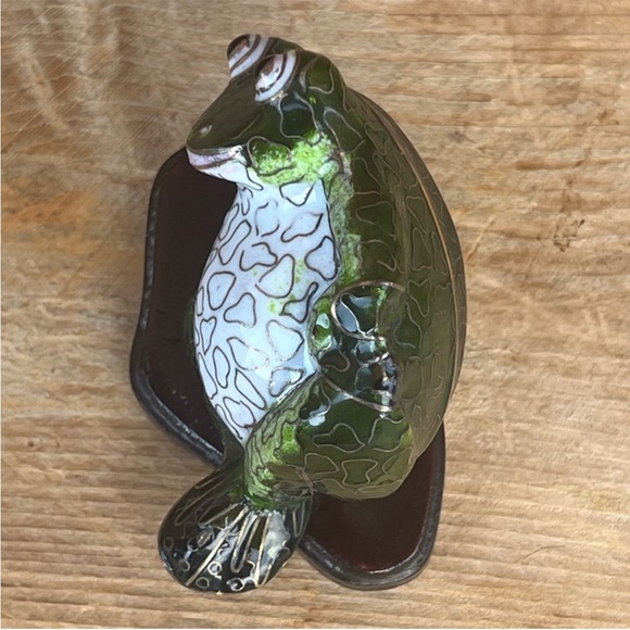 Vintage Cloisonné Frog Figurine w/ Wooden Base